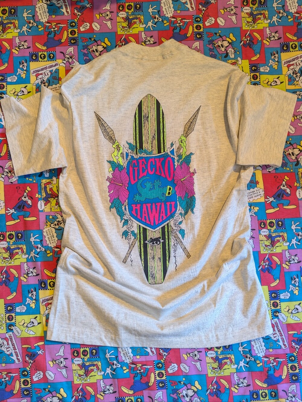 VTG 80's 90's Gecko Hawaii Graphic Surfboard Shirt Heather Gray with Neon Print